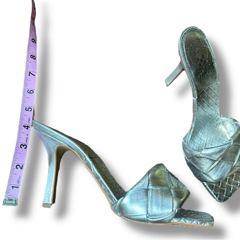 Vince Camuto Brelanie Silver Leather Braided Strap Heeled Slide Sandals | 8.5